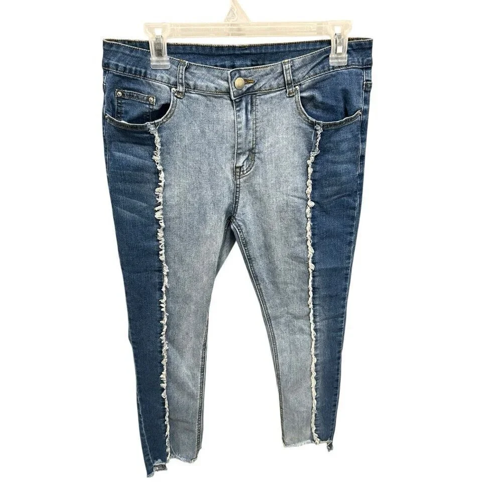Hayden Women's Large (12/14) Two-Tone Jeans Skinny Fit Frayed Hem Color-Block